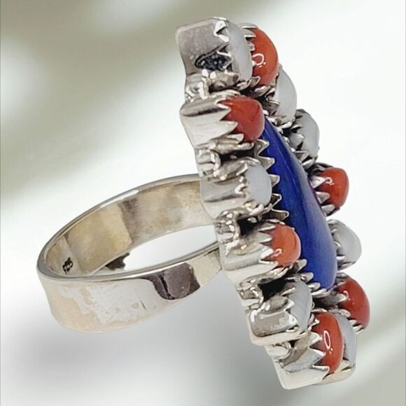 Handmade Adjustable Sterling Silver 925 Lapis Coral Pearl Statement Ring S7 - Picture 4 of 12